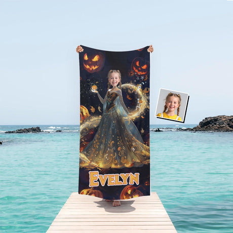 Personalized Face & Name Princess Jack O Lantern Halloween Girl Photo Beach Towel - Amor Custom Gifts