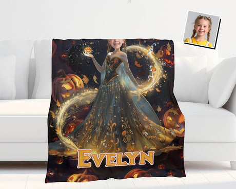 Personalized Face & Name Princess Jack O Lantern Halloween Girl Photo Blanket-Blankets-Amor Custom Gifts