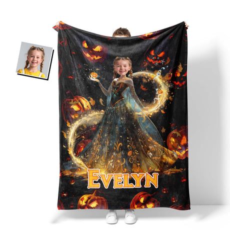 Personalized Face & Name Princess Jack O Lantern Halloween Girl Photo Blanket-Blankets-Amor Custom Gifts