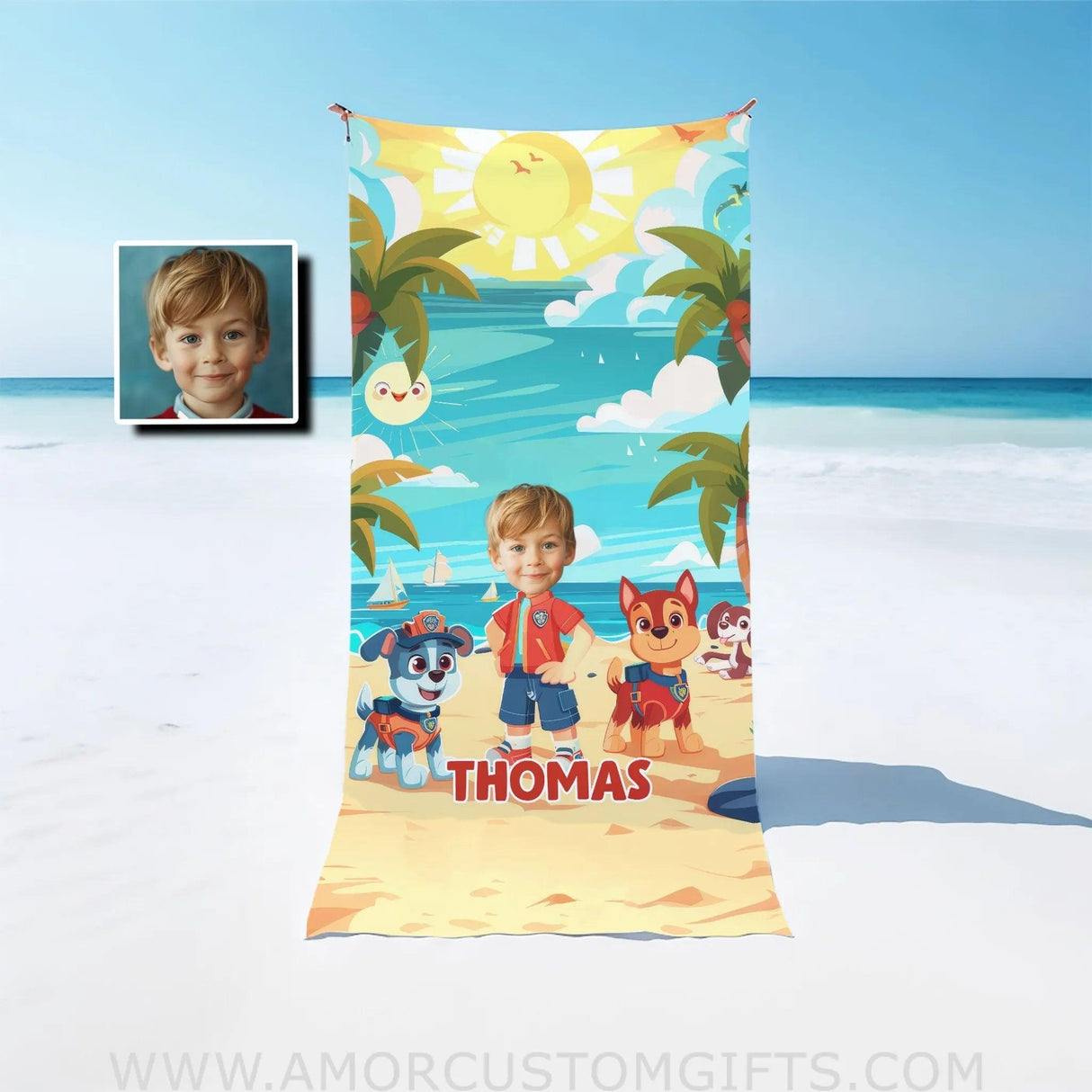 Personalized Face & Name Ryder Paw Patrol Stan On Beach Boy Photo Towel Towels