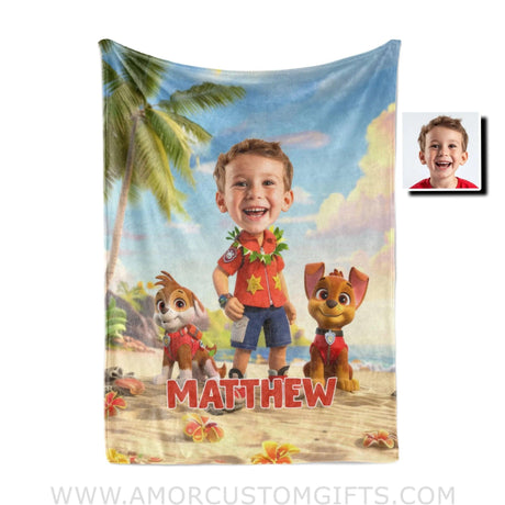 Personalized Face & Name Ryder Paw Patrol Wear Hawaiis Shirt Boy Blanket Blankets