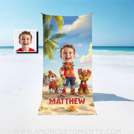 Personalized Face & Name Ryder Paw Patrol Wear Hawaiis Shirt Photo Beach Towel Towels