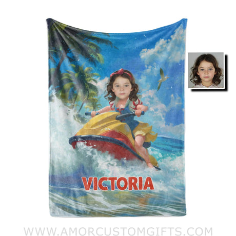 Personalized Face & Name Snow White Surfing Summer Beach Girl Blanket Blankets