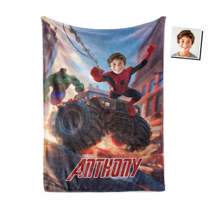 Personalized Face & Name Spider Boy And Green Monster Superhero Boy Blanket-Blankets-Amor Custom Gifts