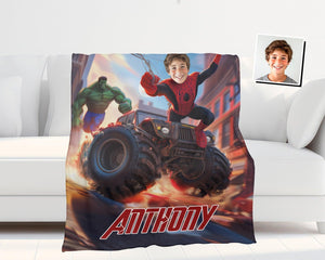 Personalized Face & Name Spider Boy And Green Monster Superhero Boy Blanket-Blankets-Amor Custom Gifts