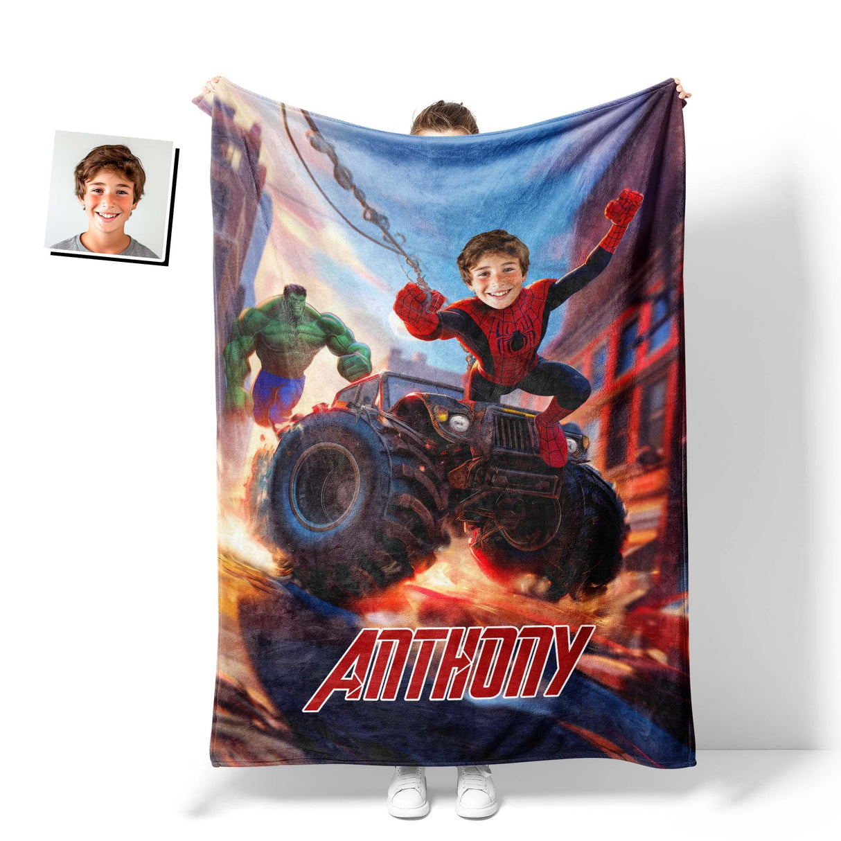 Personalized Face & Name Spider Boy And Green Monster Superhero Boy Blanket-Blankets-Amor Custom Gifts