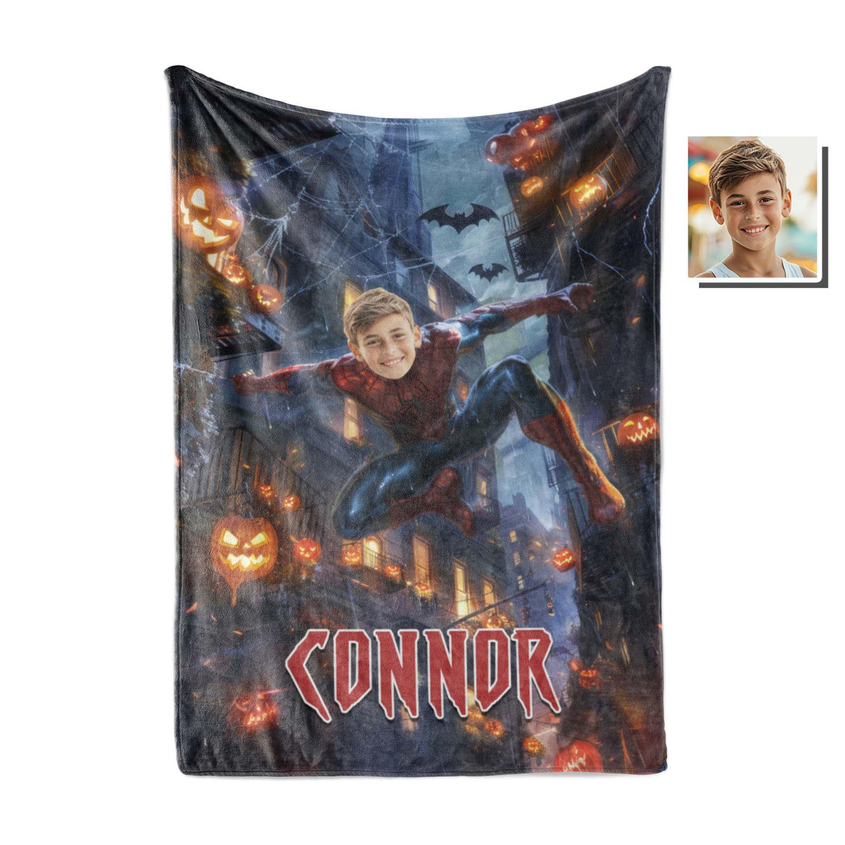 Personalized Face & Name Spider Boy City Escape Photo Blanket-Blankets-Amor Custom Gifts