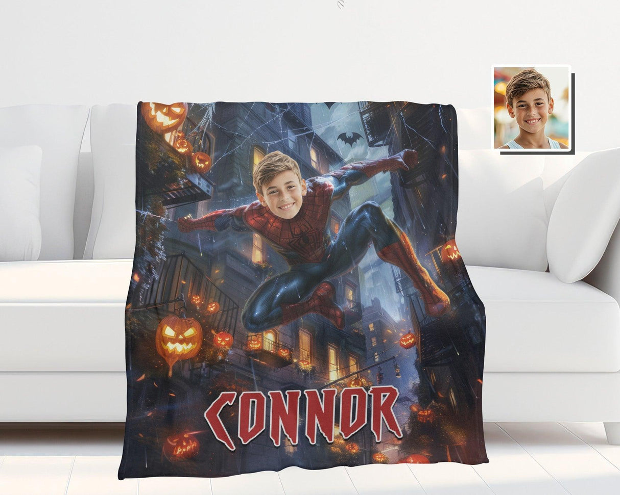 Personalized Face & Name Spider Boy City Escape Photo Blanket-Blankets-Amor Custom Gifts