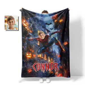 Personalized Face & Name Spider Boy City Escape Photo Blanket-Blankets-Amor Custom Gifts