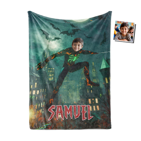 Personalized Face & Name Spider Boy Halloween City Photo Blanket-Blankets-Amor Custom Gifts