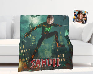 Personalized Face & Name Spider Boy Halloween City Photo Blanket-Blankets-Amor Custom Gifts