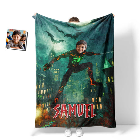 Personalized Face & Name Spider Boy Halloween City Photo Blanket-Blankets-Amor Custom Gifts