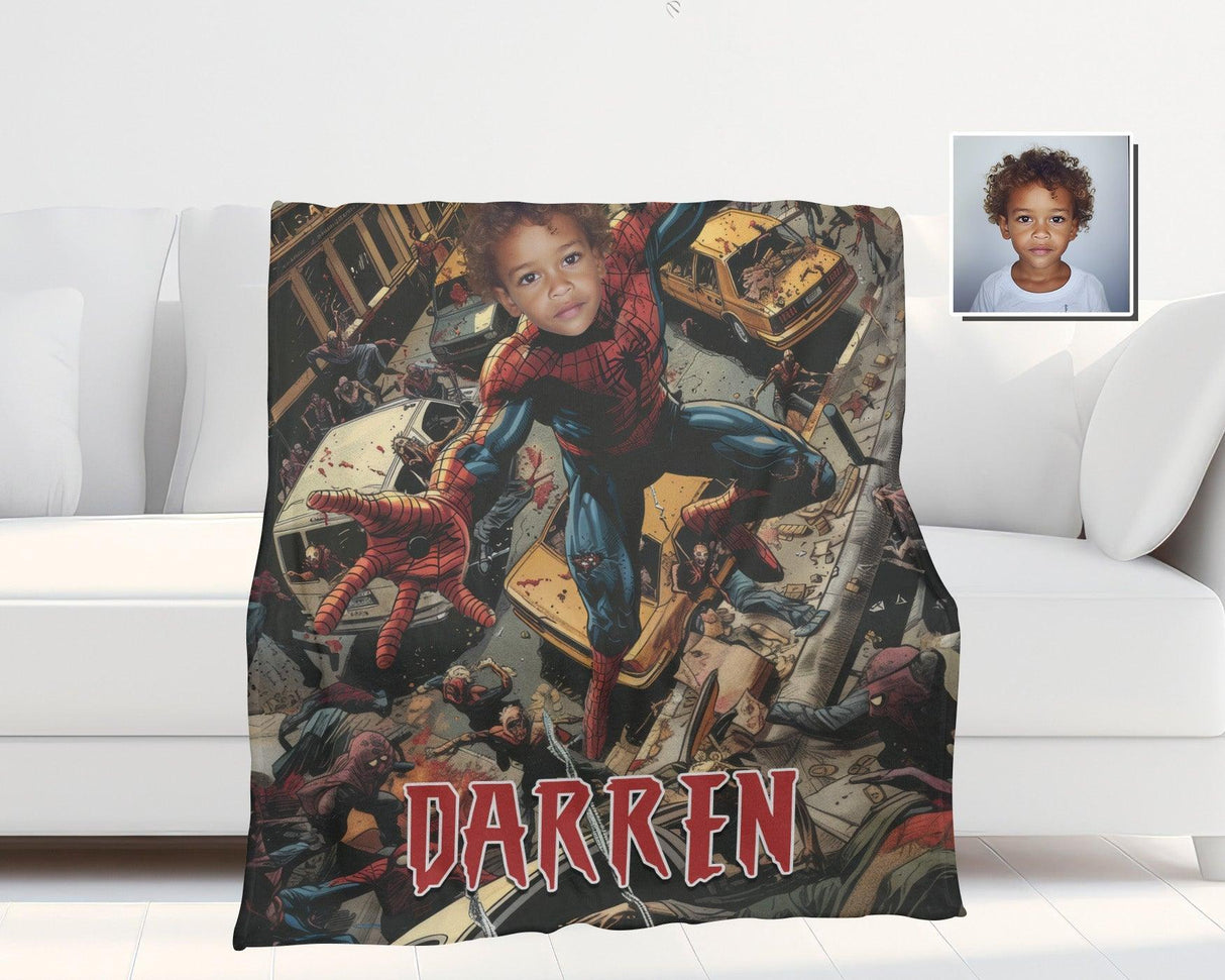 Personalized Face & Name Spider Boy Halloween Zombie Photo Blanket-Blankets-Amor Custom Gifts