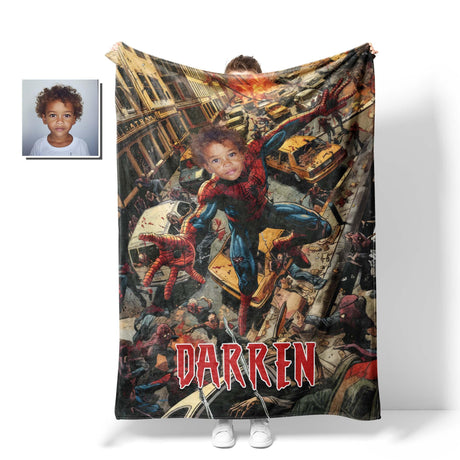 Personalized Face & Name Spider Boy Halloween Zombie Photo Blanket-Blankets-Amor Custom Gifts