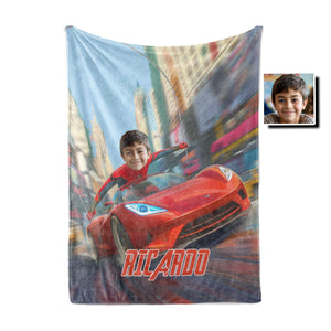 Blankets Personalized Face & Name Spider Boy McQueen Car Racing Through City Blanket