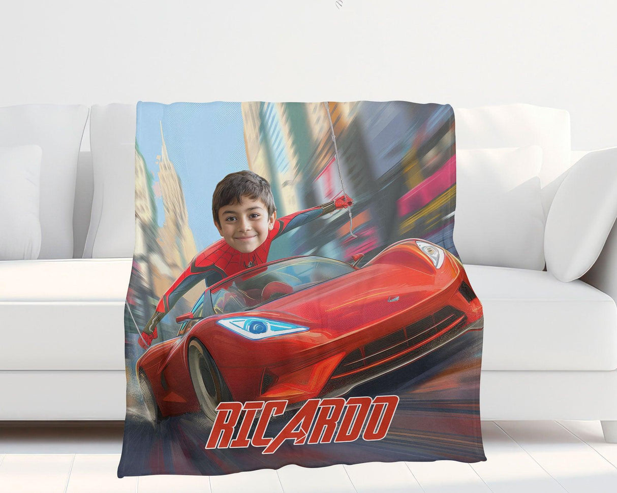 Blankets Personalized Face & Name Spider Boy McQueen Car Racing Through City Blanket