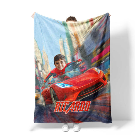 Blankets Personalized Face & Name Spider Boy McQueen Car Racing Through City Blanket