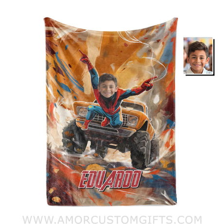 Personalized Face & Name Spider Boy Monster Truck Watercolor Superhero Blanket Blankets