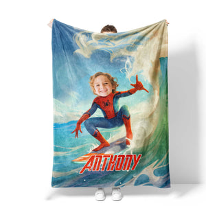 Personalized Face & Name Spider Boy Summer Surfing Tropical Beach Blanket-Blankets-Amor Custom Gifts