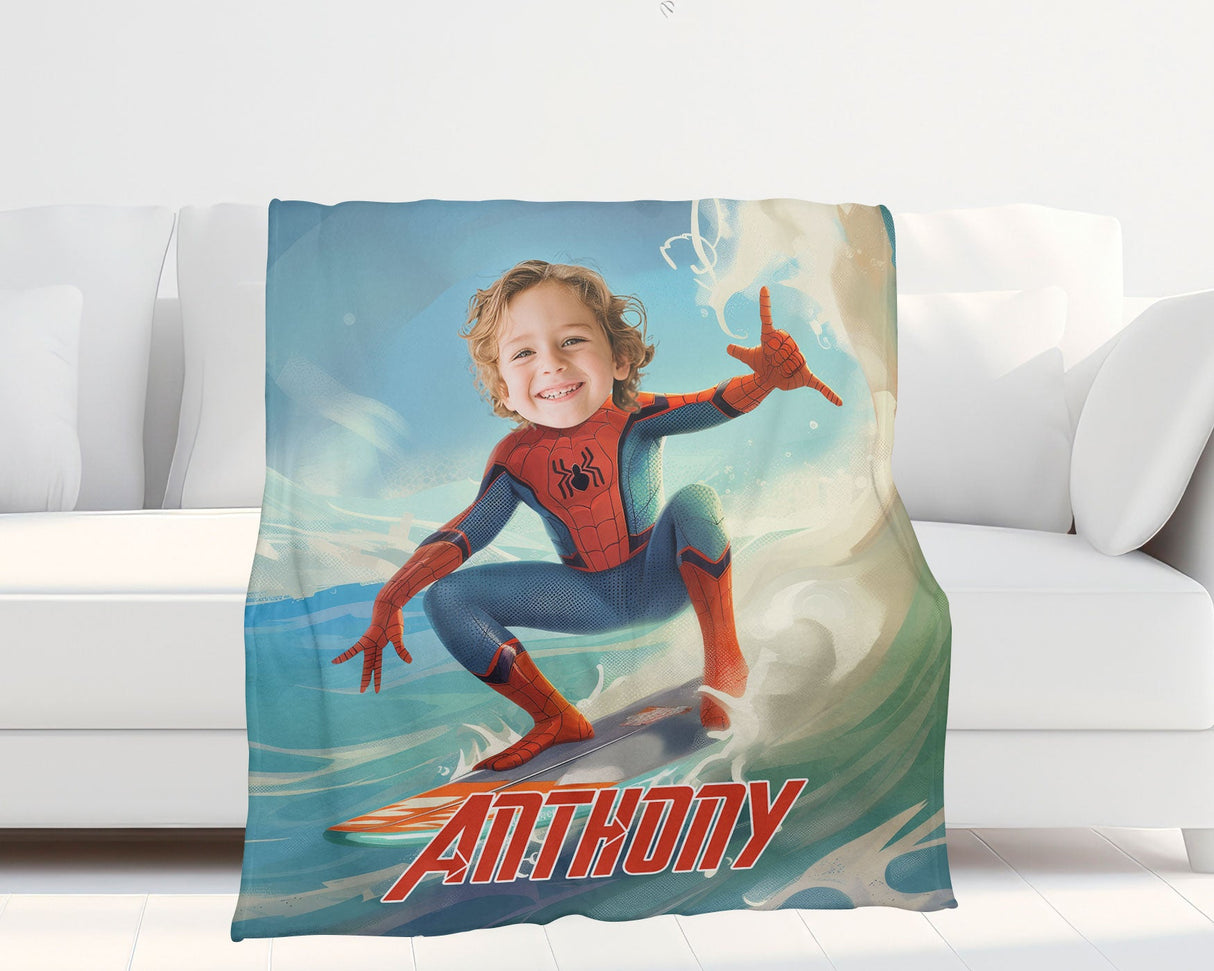 Personalized Face & Name Spider Boy Summer Surfing Tropical Beach Blanket-Blankets-Amor Custom Gifts