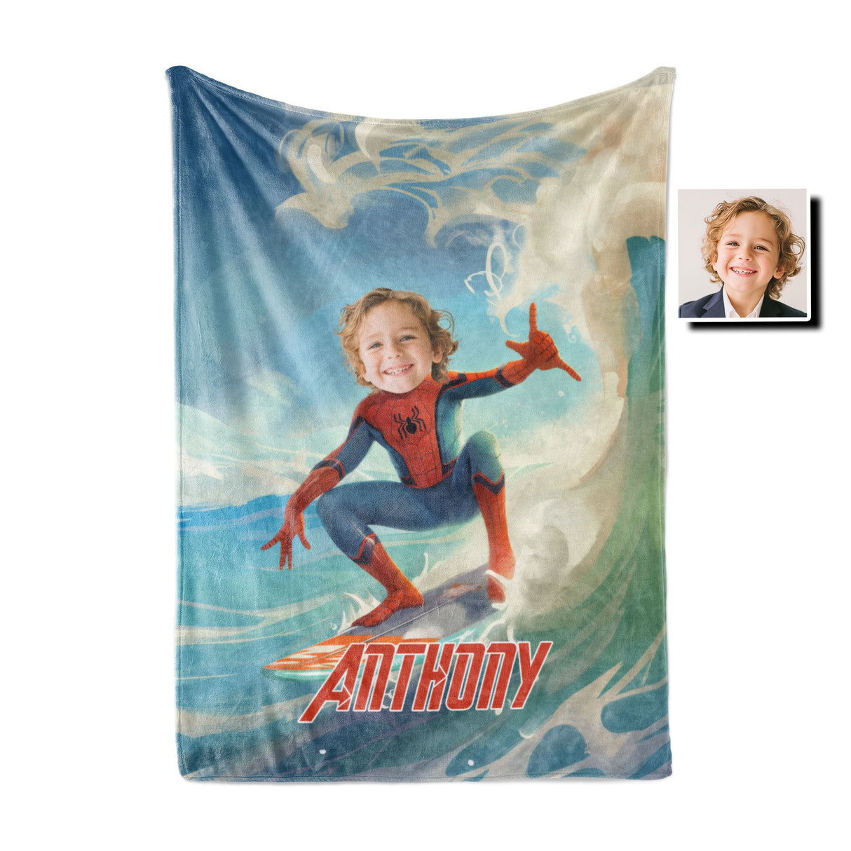 Personalized Face & Name Spider Boy Summer Surfing Tropical Beach Blanket-Blankets-Amor Custom Gifts