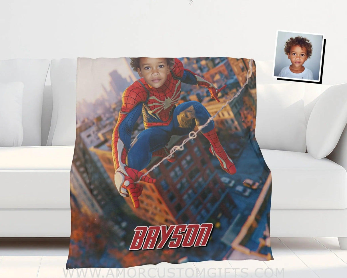 Personalized Face & Name Spider Boy Swinging Superhero Blanket Blankets