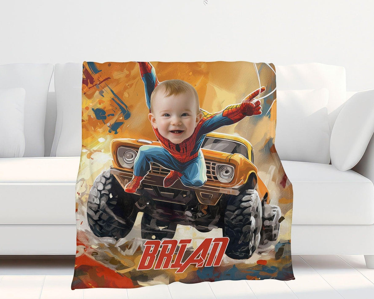 Blankets Personalized Face & Name Spider Boy With Monster Truck Boy Blanket