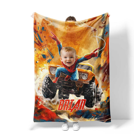 Blankets Personalized Face & Name Spider Boy With Monster Truck Boy Blanket