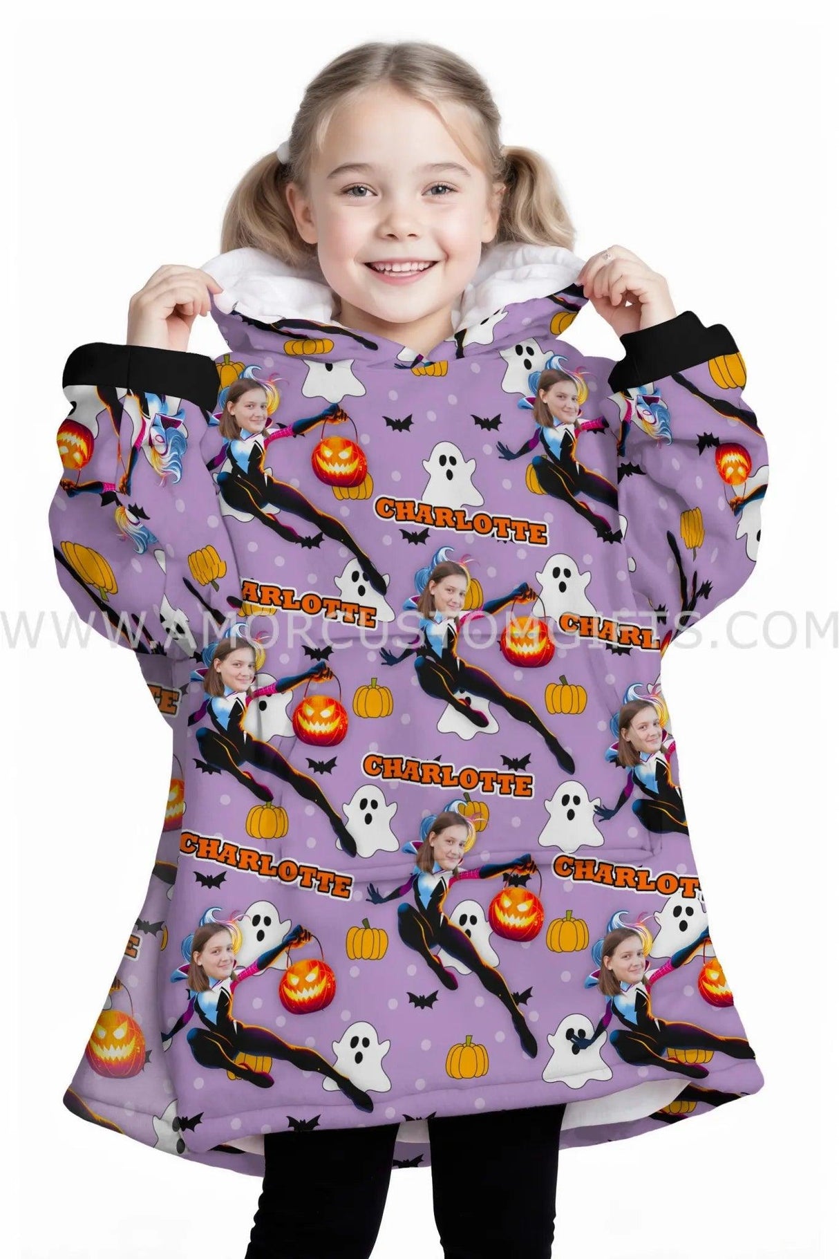 Personalized Face & Name Spider Girl Gwen Halloween Snug Oversized Wearable Hoodie Blanket-Hoodie Blanket-Amor Custom Gifts