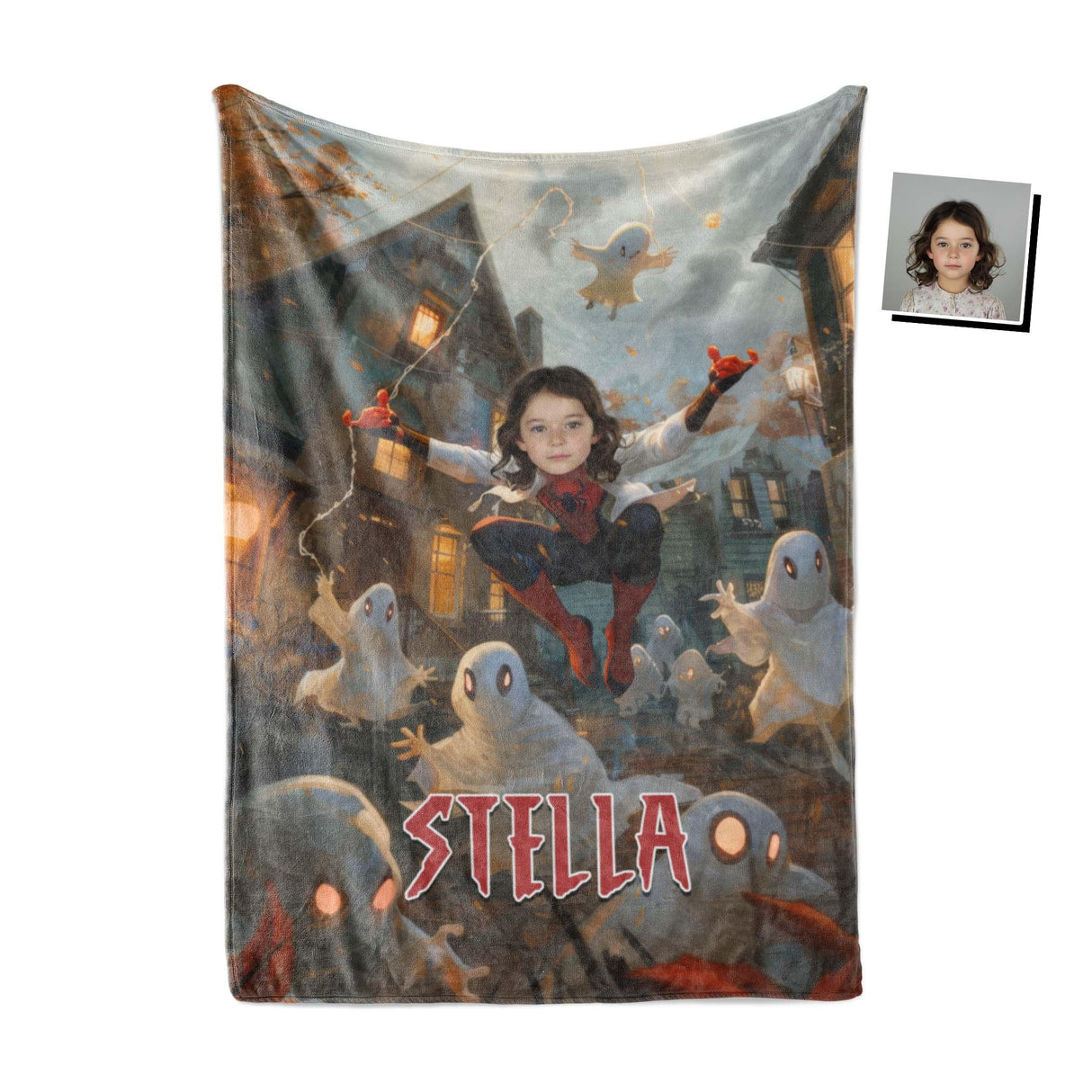 Personalized Face & Name Spider Girl Halloween Ghost Photo Blanket-Blankets-Amor Custom Gifts