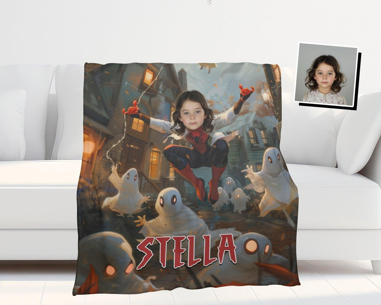 Personalized Face & Name Spider Girl Halloween Ghost Photo Blanket-Blankets-Amor Custom Gifts