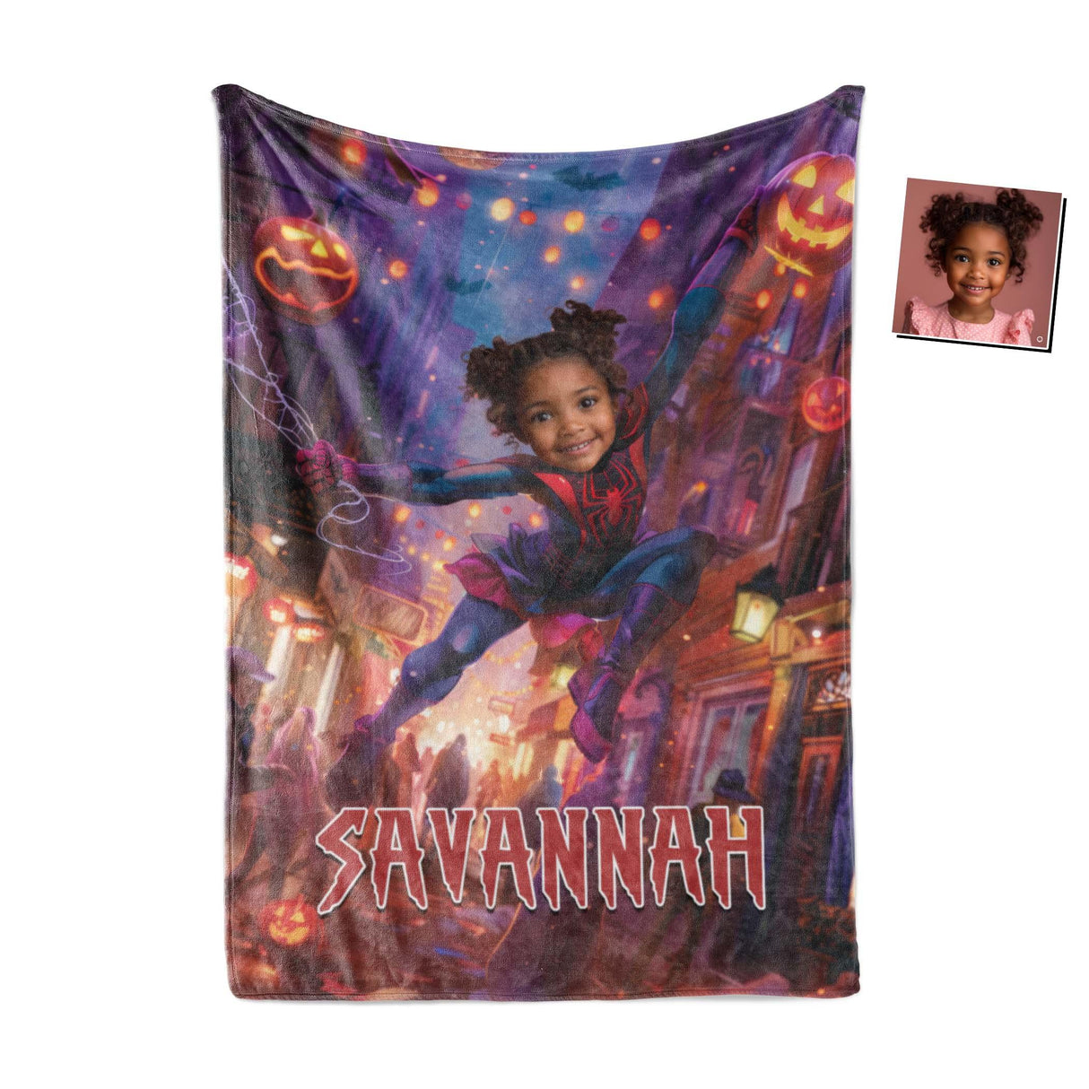 Personalized Face & Name Spider Girl Halloween NY Escape From City Photo Blanket-Blankets-Amor Custom Gifts