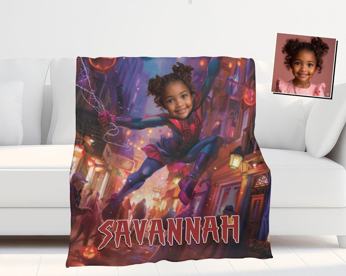 Personalized Face & Name Spider Girl Halloween NY Escape From City Photo Blanket-Blankets-Amor Custom Gifts