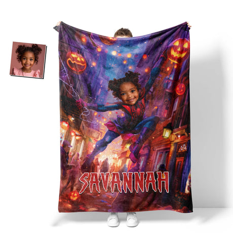 Personalized Face & Name Spider Girl Halloween NY Escape From City Photo Blanket-Blankets-Amor Custom Gifts