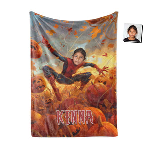 Personalized Face & Name Spider Girl Halloween Pumpkin Photo Blanket-Blankets-Amor Custom Gifts