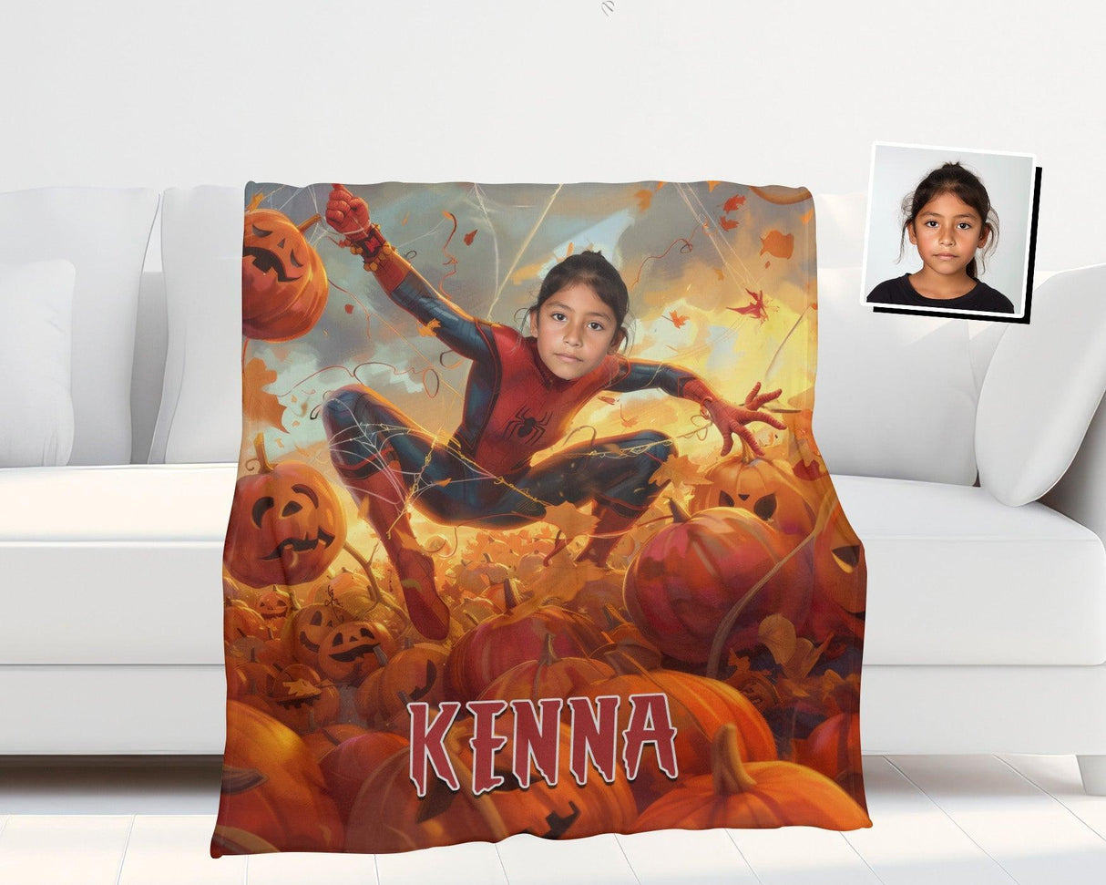 Personalized Face & Name Spider Girl Halloween Pumpkin Photo Blanket-Blankets-Amor Custom Gifts