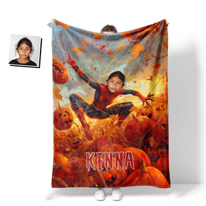 Personalized Face & Name Spider Girl Halloween Pumpkin Photo Blanket-Blankets-Amor Custom Gifts