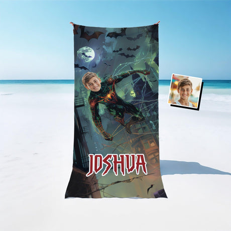 Personalized Face & Name Spiderboy Halloween City Boy Photo Beach Towel - Amor Custom Gifts