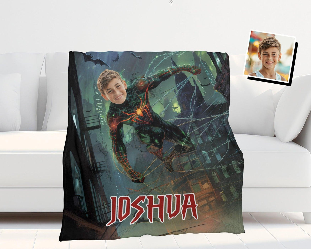 Personalized Face & Name Spiderboy Halloween City Photo Boy Blanket-Blankets-Amor Custom Gifts