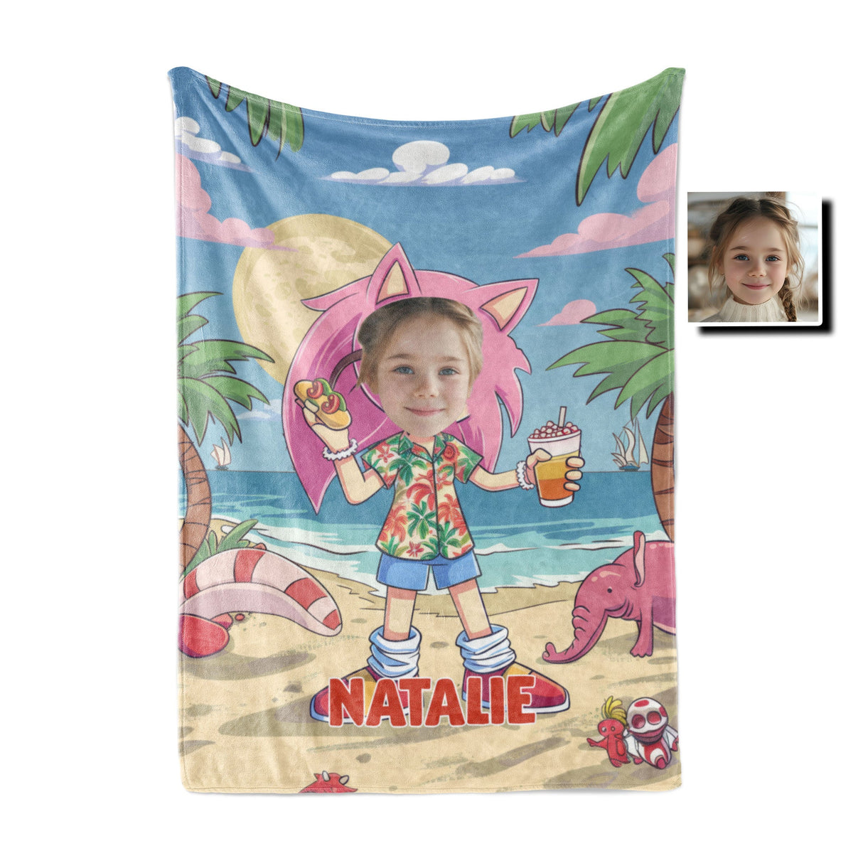 Personalized Face & Name Summer Amy Rose Wear Hawaiian Shirt Girl Blanket-Blankets-Amor Custom Gifts