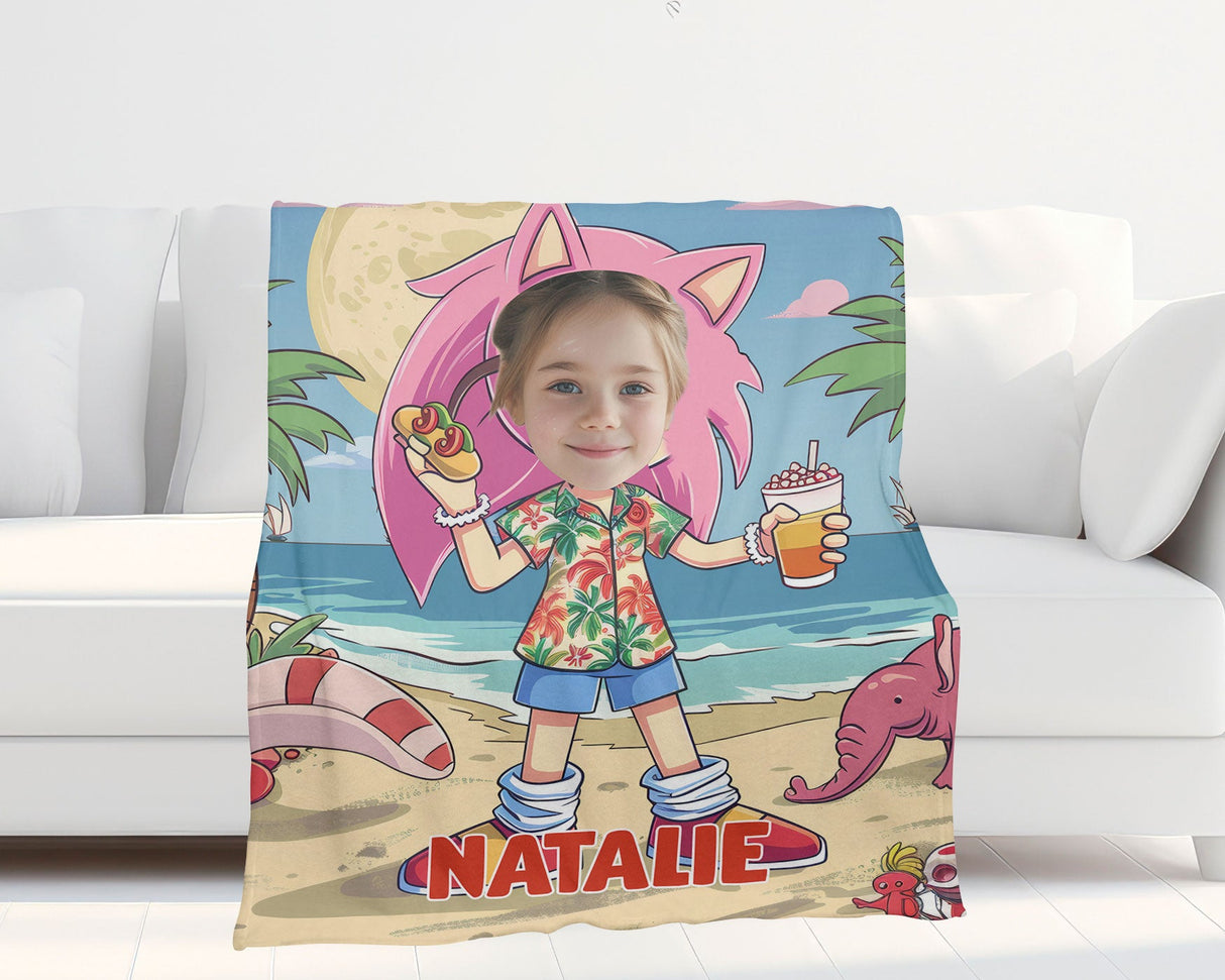 Personalized Face & Name Summer Amy Rose Wear Hawaiian Shirt Girl Blanket-Blankets-Amor Custom Gifts