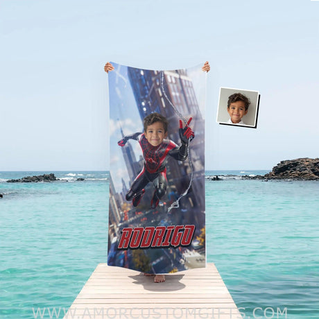 Personalized Face & Name Summer Black Miles Spider Boy Swinging Through City Superhero Beach Towel