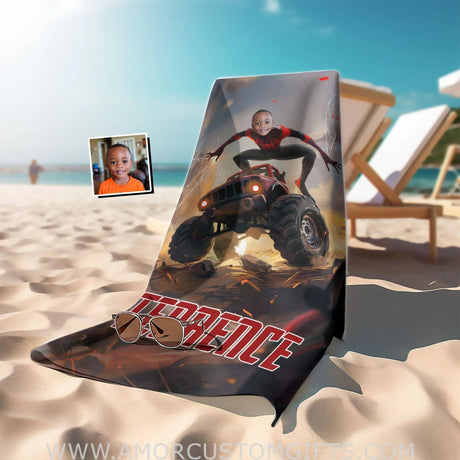 Personalized Face & Name Summer Black Miles Spider Boy With Monster Truck Superhero Beach Towel