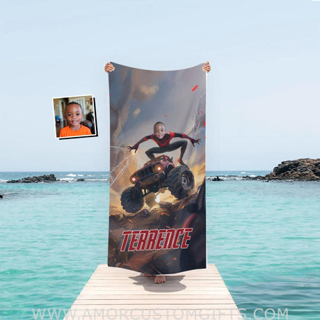 Personalized Face & Name Summer Black Miles Spider Boy With Monster Truck Superhero Beach Towel