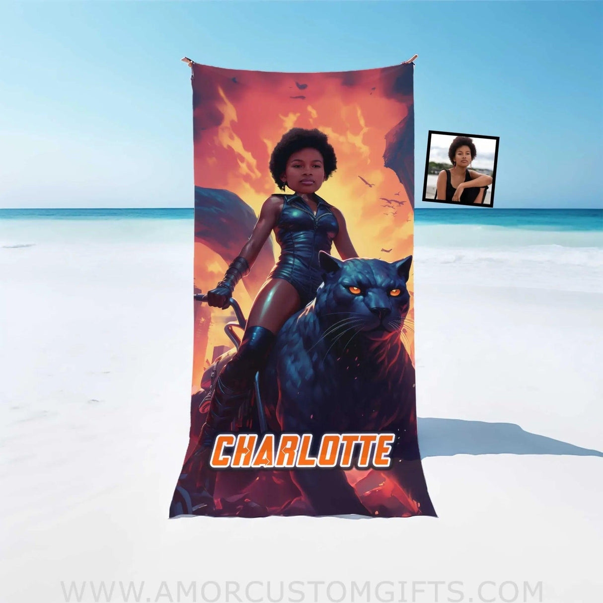 Towels Personalized Face & Name Summer Black Panther Girl Tiger Beach Towel