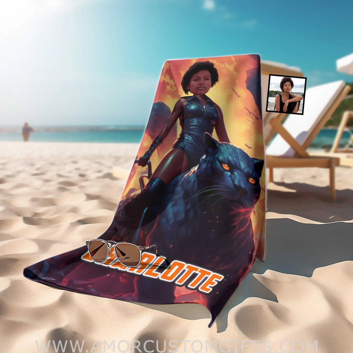 Towels Personalized Face & Name Summer Black Panther Girl Tiger Beach Towel