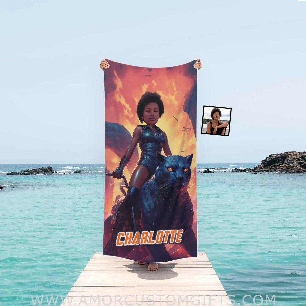 Towels Personalized Face & Name Summer Black Panther Girl Tiger Beach Towel