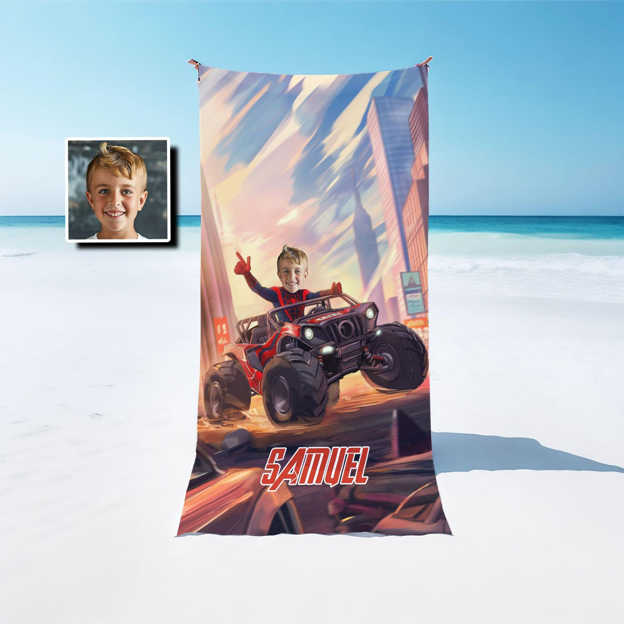 Towels Personalized Face & Name Summer Black Spider Boy Mile Monster Truck Racing Through City Boy Beach Towel