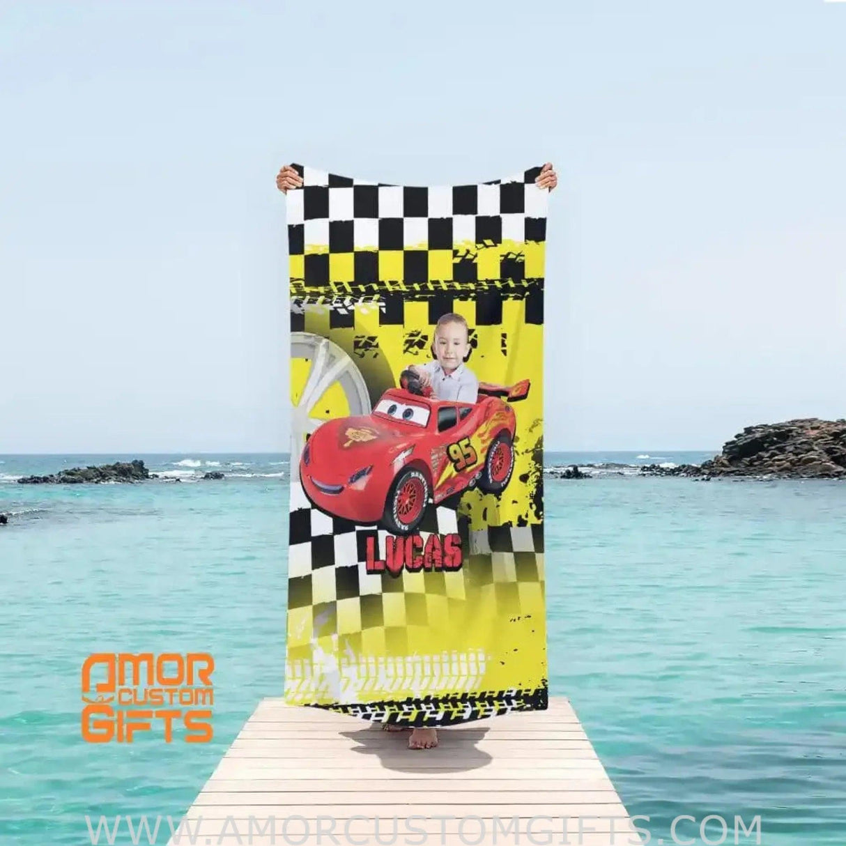 Towels Personalized Face & Name Summer Cartoon Disney Car Boy Beach Towel