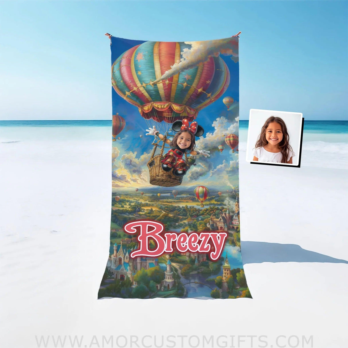 Personalized Face & Name Summer Cartoon Mouse Hot Air Balloon Ride Girl Beach Towel Towels